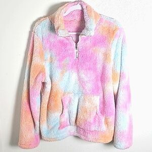 Pink, Orange, Blue Furry Pullover Jacket, Zipper Neckline, Handwarmers, Large